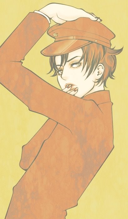 1boy, androgynous, brown_hair, eyelashes, finger_to_mouth, from_side, gakuran, grey_eyes