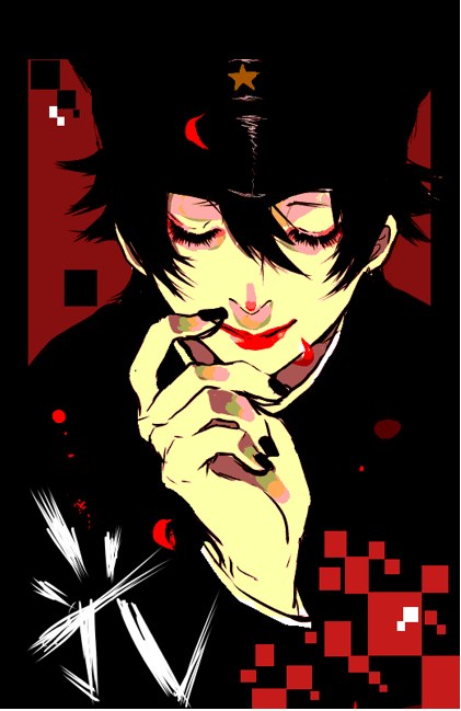 1boy, androgynous, black_hair, closed_eyes, eyelashes, finger_to_mouth, gakuran, hand_on_own_face
