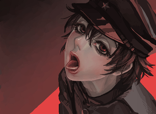 1boy, androgynous, black_hair, eyelashes, gakuran, gradient_background, hat, litchi_hikari_club