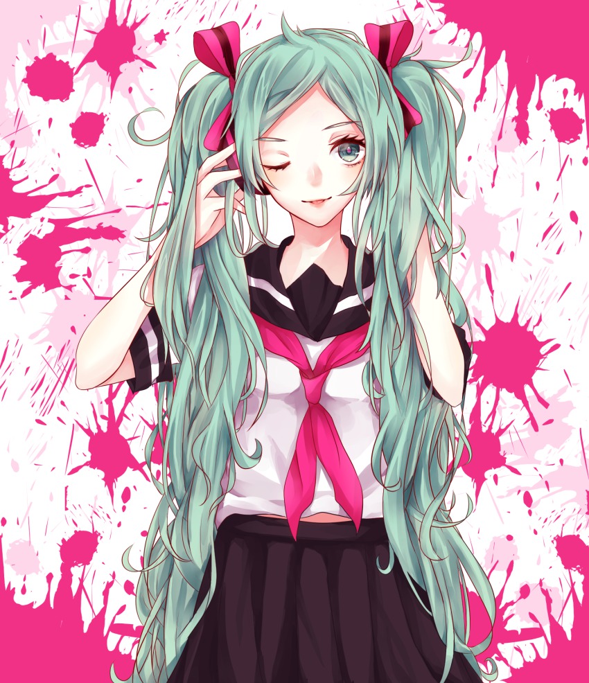 1girl, ;p, aqua_eyes, aqua_hair, bad_id, bad_pixiv_id, female_focus, hair_ribbon