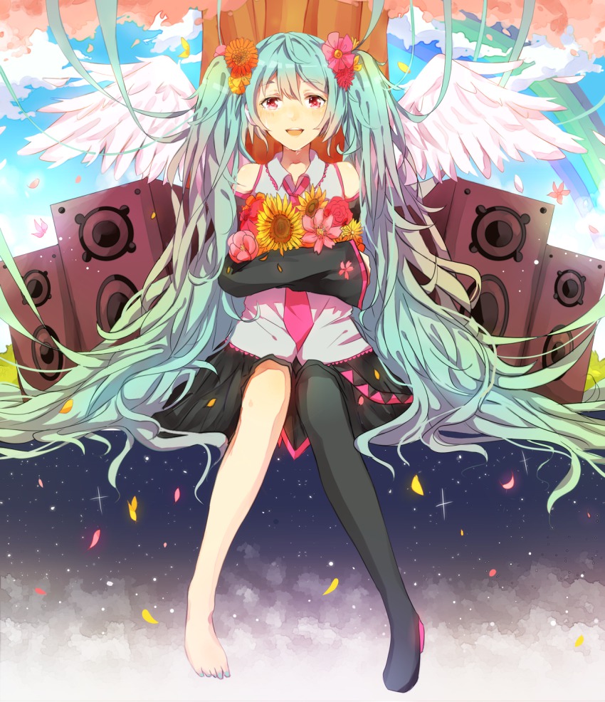 1girl, :d, aqua_hair, bad_id, bad_pixiv_id, bare_shoulders, barefoot, black_skirt, black_thighhighs, blush, boots, cherry_blossoms, cloud, crying, crying_with_eyes_open, day, detached_sleeves, female_focus, flower, hair_flower, hair_ornament, hatsune_miku, highres, konomi_(kumagai20), long_hair, looking_at_viewer, nail_polish, necktie, open_mouth, petals, pink_necktie, rainbow, red_eyes, shirt, shoes, single_shoe, single_thigh_boot, sitting, skirt, sleeveless, sleeveless_shirt, sleeves_past_wrists, smile, solo, sparkle, speaker, tears, thigh_boots, thighhighs, tree, very_long_hair, vocaloid, white_wings, wings
