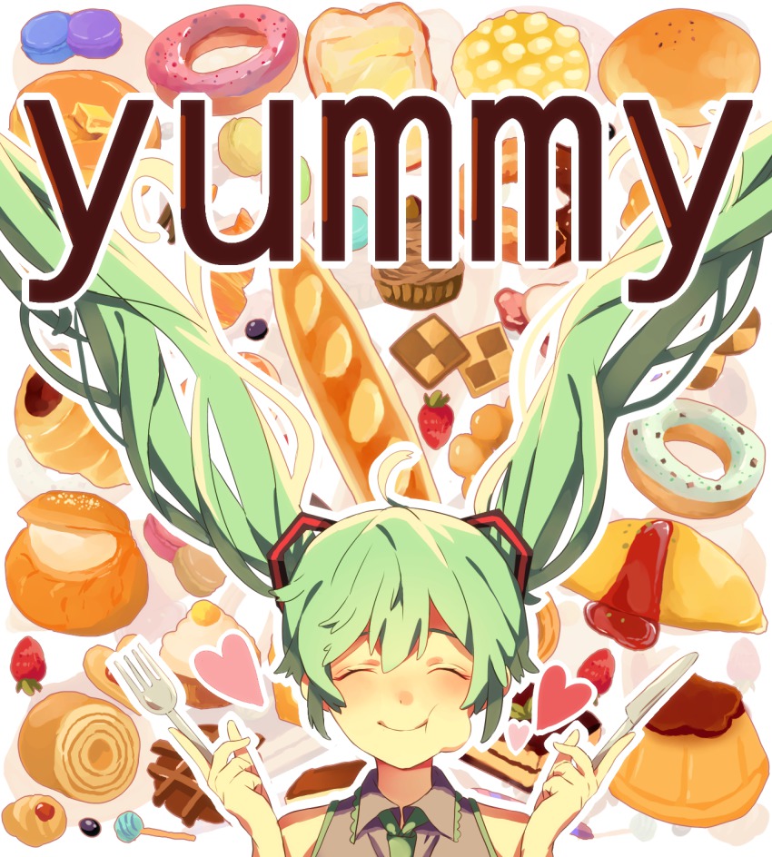 1girl, :t, ^_^, aqua_hair, baguette, blush, bread, bread_slice