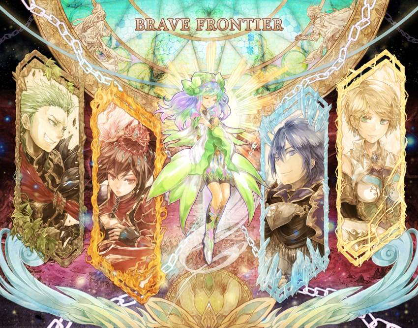 2boys, 3girls, armor, blonde_hair, blue_eyes, blue_hair, brave_frontier, brown_hair, chain, copyright_name, earrings, electricity, closed_eyes, fang, fire, gem, gradient_hair, green_eyes, green_hair, ice, jewelry, kamo_(megamikan), karl_(brave_frontier), long_hair, looking_at_viewer, lugina, multicolored_hair, multiple_boys, multiple_girls, paris_(brave_frontier), plant, red_eyes, seria, short_hair, smile, stained_glass, tilith
