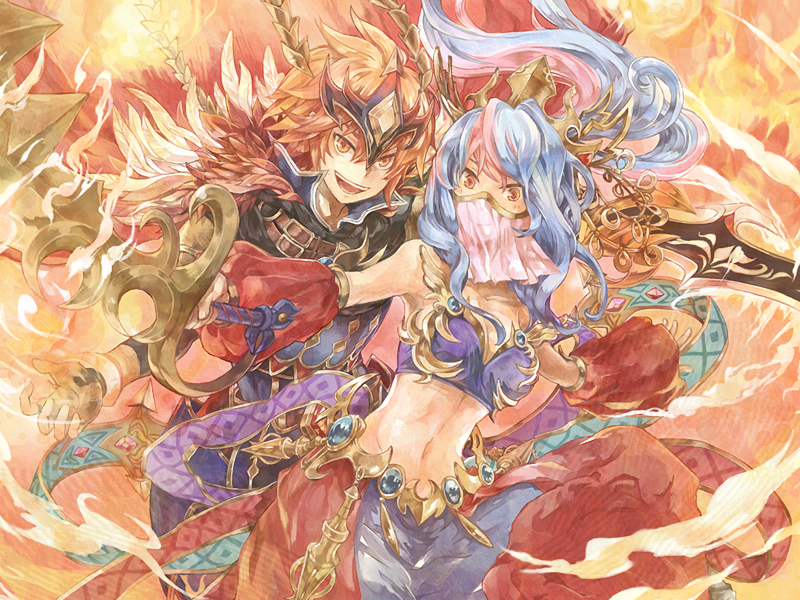 1boy, 1girl, blue_hair, brave_frontier, farlon, fire, kamo_(megamikan), multicolored_hair, orange_eyes, pink_hair, ramna, red_hair, smile, teeth, two-tone_hair, veil