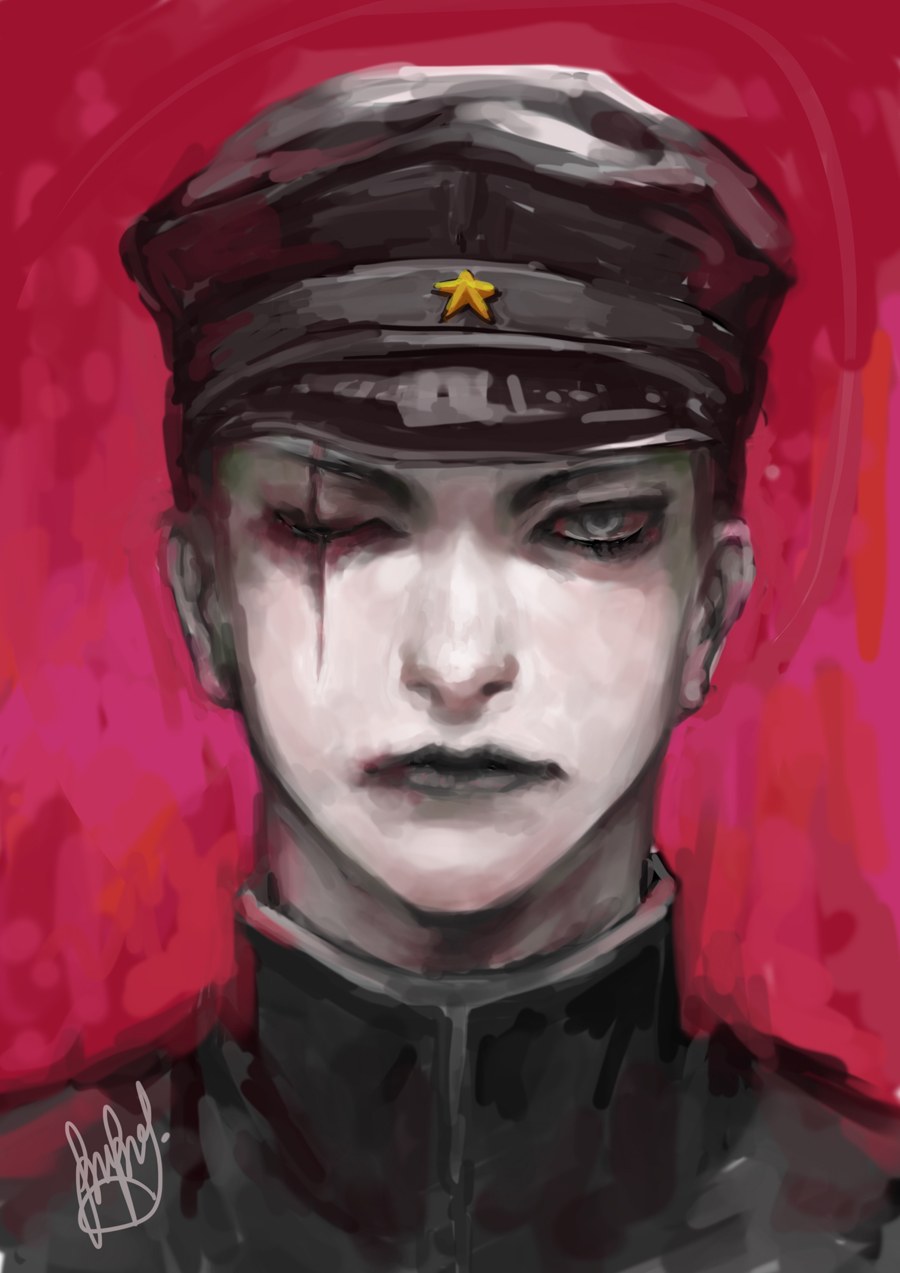 1boy, black_hair, blue_eyes, gakuran, hat, highres, litchi_hikari_club, looking_at_viewer