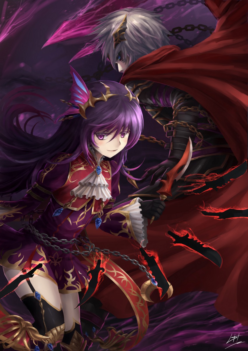 1boy, 1girl, blue_eyes, brave_frontier, cape, chain, dagger, garter_straps, gem, hair_ornament, highres, jewelry, knife, litkung, melina, miniskirt, purple_eyes, purple_hair, skirt, smile, weapon, white_hair, zephyr_(brave_frontier)
