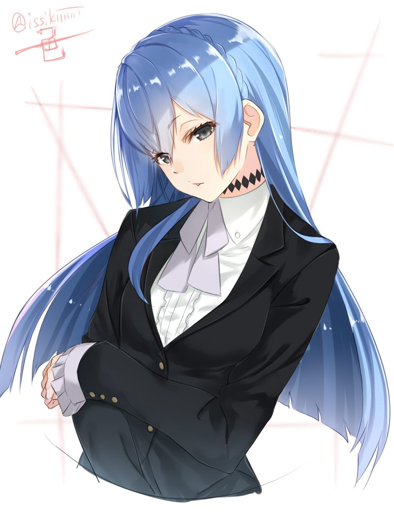 10s, 1girl, :o, artist_name, black_jacket, blue_eyes, blue_hair, bow