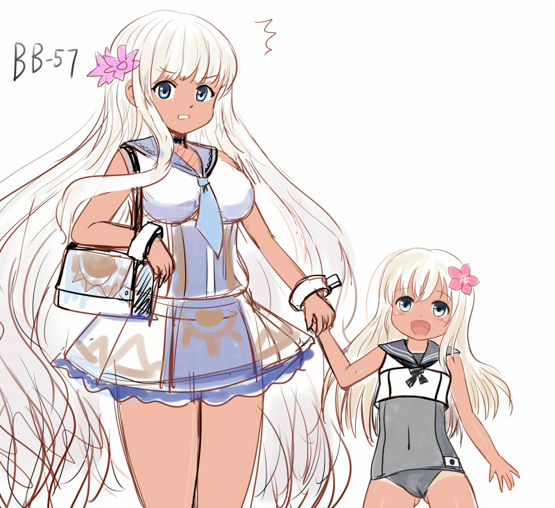 ^^^, 10s, 2girls, bag, blue_eyes, cameltoe, flower, hair_flower