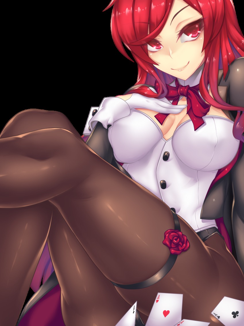 1girl, breasts, brown_pantyhose, buttons, card, closed_mouth, clubs, colored_eyelashes, diamond_(shape), elesis, elesis_(elsword), elsword, eyebrows, eyelashes, female_focus, fi-san, flower, gloves, hand_on_own_chest, heart, highres, large_breasts, leotard, long_hair, looking_at_viewer, pantyhose, playing_card, red_eyes, red_flower, red_hair, red_rose, rose, sitting, smile, solo, spade, swept_bangs, thigh_strap, transparent_background, white_gloves, wrist_cuffs