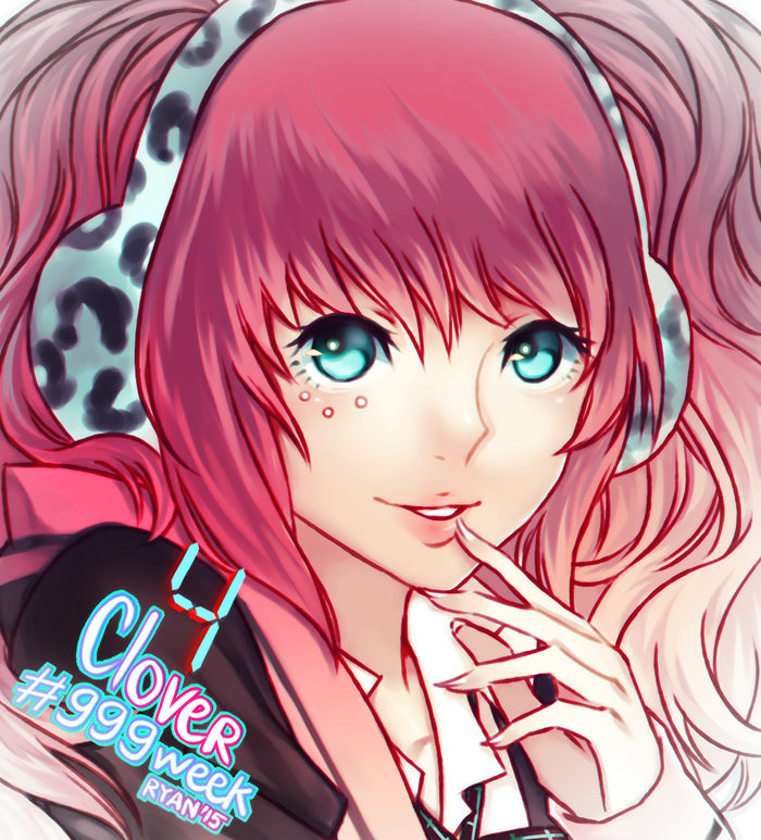 1girl, female_focus, finger_to_mouth, green_eyes, headphones, kyokugen_dasshutsu, kyokugen_dasshutsu:_9_jikan_9_nin_9_no_tobira, looking_at_viewer, pink_hair, ryan_(stepde14), smile, solo, yotsuba_(kyokugen_dasshutsu)