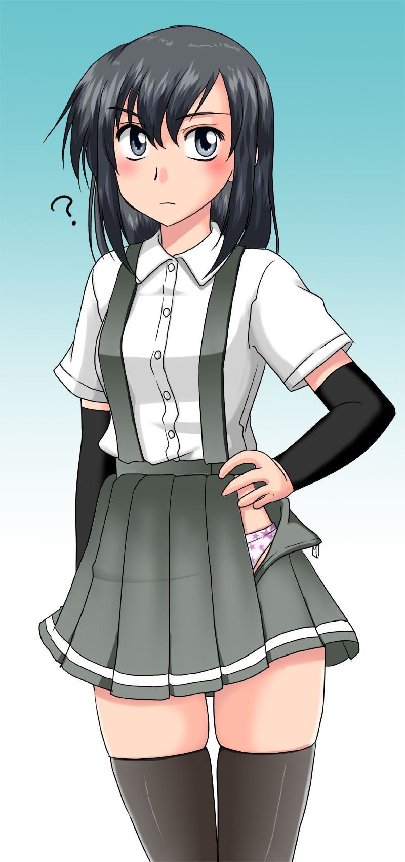 10s, 1girl, ?, arm_warmers, asashio_(kancolle), black_hair, black_thighhighs, female_focus