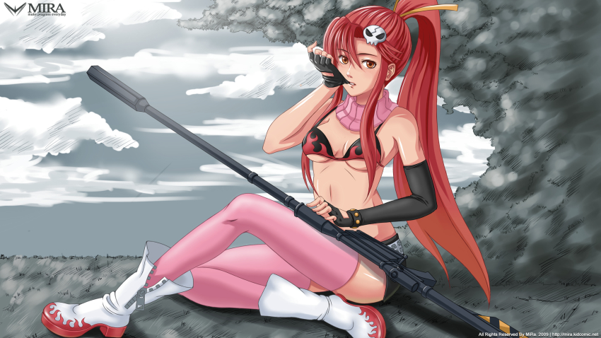 00s, 1girl, boots, breasts, brown_eyes, female_focus, gloves, gun, highres, long_hair, mira_(artist), pink_thighhighs, ponytail, red_hair, scarf, solo, tengen_toppa_gurren_lagann, thighhighs, underboob, weapon, yoko_littner