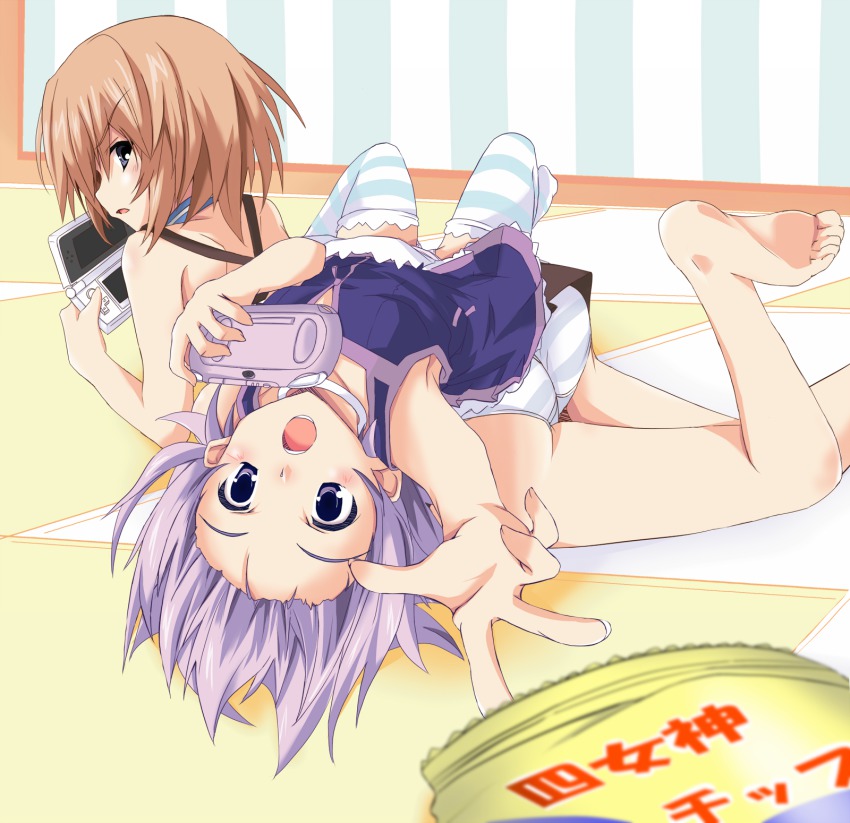 10s, 2girls, ass, bad_id, bad_pixiv_id, bare_shoulders, barefoot, blanc_(neptunia), blue_eyes, brown_hair, chips_(food), d-pad, feet, food, fujishima_tsubasa, game_console, hair_ornament, hairline, handheld_game_console, highres, multiple_girls, neptune_(neptunia), neptune_(series), nintendo_3ds, open_mouth, panties, playing_games, playing_video_games, playstation_vita, purple_eyes, purple_hair, short_hair, striped_clothes, striped_panties, underwear, video_game