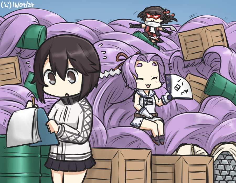 10s, 3girls, absurdly_long_hair, box, clipboard, crate, dated, drum_(container)