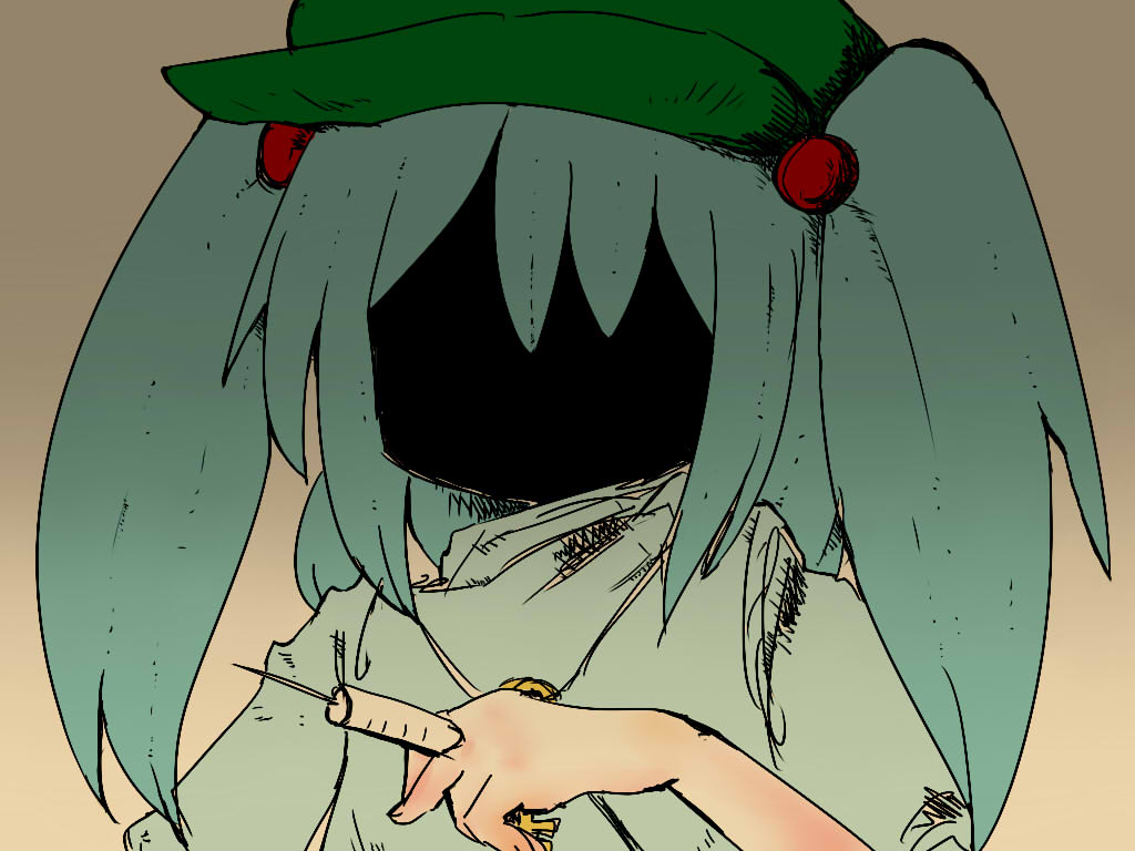 1girl, blue_hair, faceless, female_focus, gradient_background, kawashiro_nitori, key, mojikakiya, puffy_short_sleeves, puffy_sleeves, shirt, short_hair, short_sleeves, solo, syringe, touhou, twintails, two_side_up, upper_body