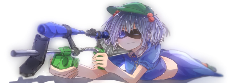 1girl, bad_id, bad_pixiv_id, blue_boots, blue_eyes, blue_hair, boots, dress, dress_shirt, e-liter_3k_(splatoon), female_focus, full_body, hair_bobbles, hair_ornament, hat, kawashiro_nitori, key, looking_at_viewer, lying, matching_hair/eyes, nintendo, on_stomach, pau_(syouyugokugoku), puffy_short_sleeves, puffy_sleeves, rubber_boots, shirt, short_hair, short_sleeves, simple_background, skirt, skirt_set, smile, solo, splatoon_(series), splatoon_1, touhou, two_side_up, white_background