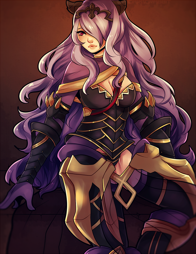 1girl, armor, boots, breasts, camilla_(fire_emblem), cargorabbit, cleavage, female_focus, fire_emblem, fire_emblem_fates, gloves, hair_over_one_eye, large_breasts, lips, long_hair, nintendo, purple_eyes, purple_hair, sitting, solo, thigh_boots, thighhighs, very_long_hair