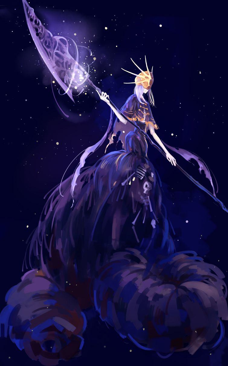 1boy, aldrich_devourer_of_gods, blue_background, capelet, commentary_request, dark_souls_(series), dark_souls_iii, dark_sun_gwyndolin, glaive_(polearm), highres, long_hair, mask, monster, polearm, spoilers, weapon, white_hair, yun_kuokuo