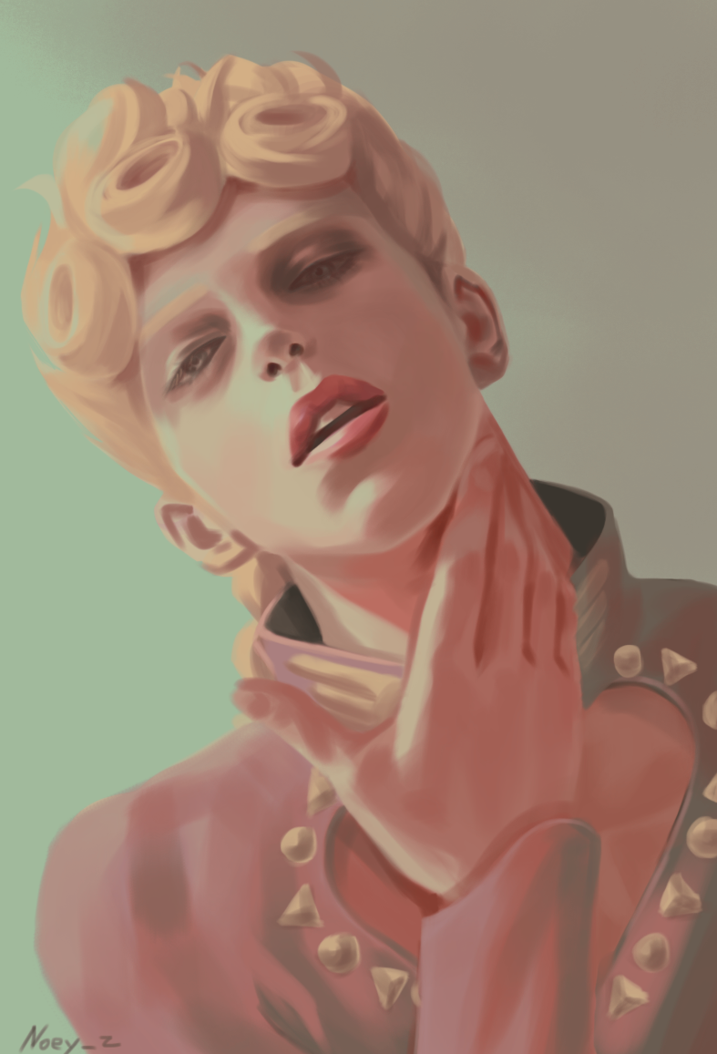 1boy, artist_name, blonde_hair, braid, dutch_angle, giorno_giovanna, green_background, jojo_no_kimyou_na_bouken