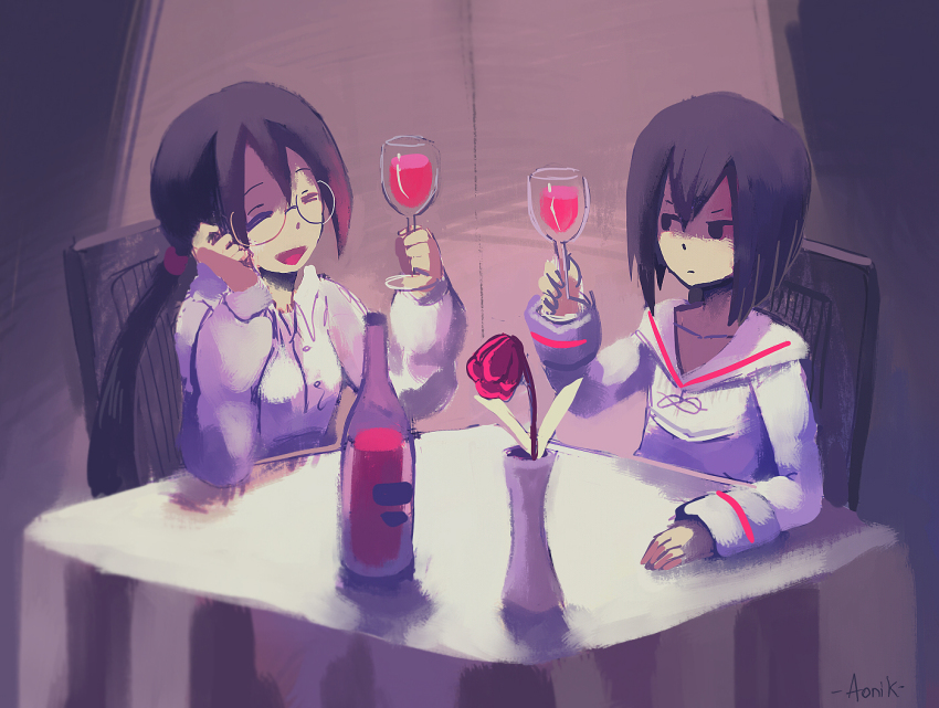 1boy, 1girl, alcohol, glasses, heart, karakuridoji_ultimo, matsumoto_kiyose_(ultimo), pardonner