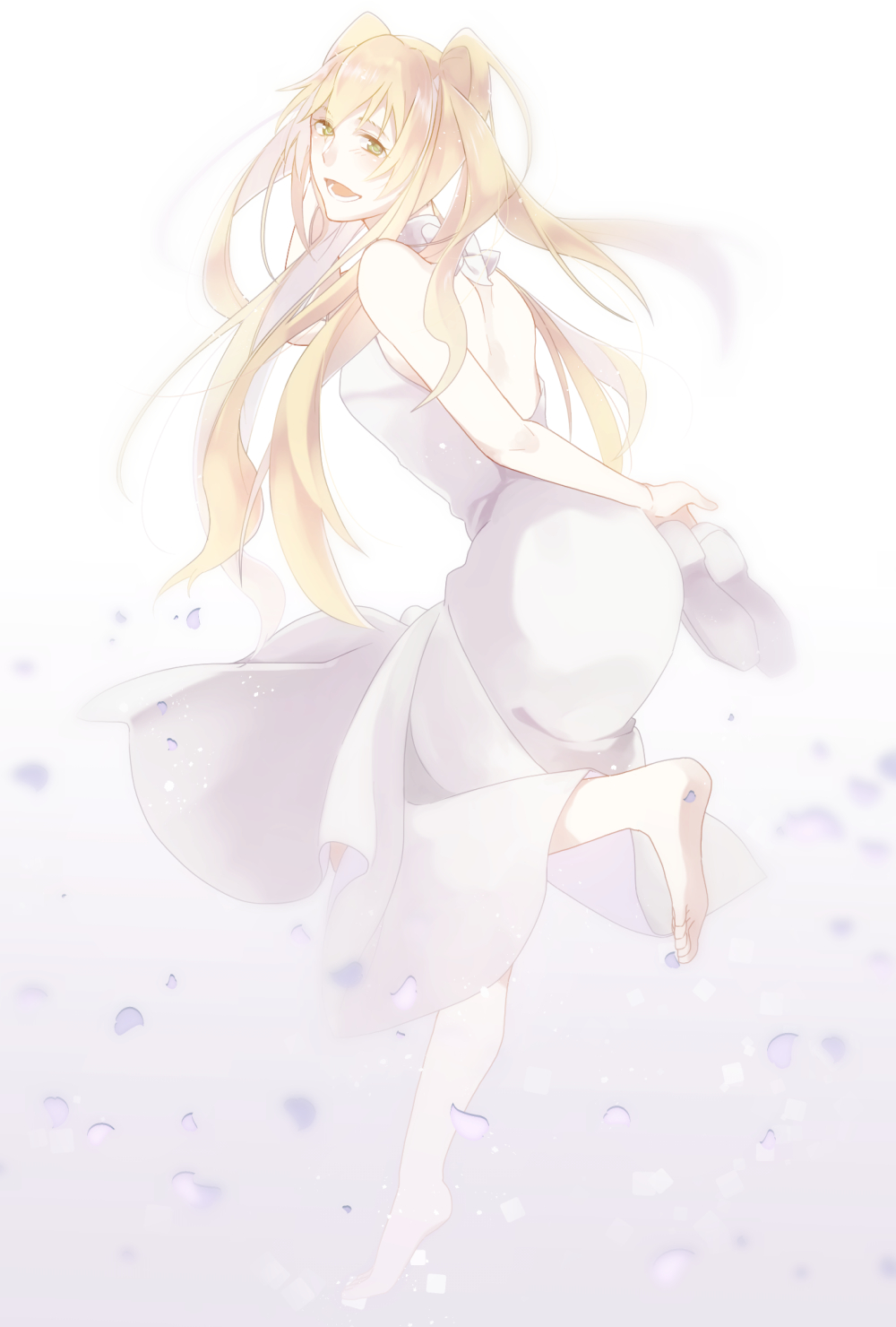 1girl, bad_id, bad_pixiv_id, blonde_hair, dress, female_focus, full_body, green_eyes