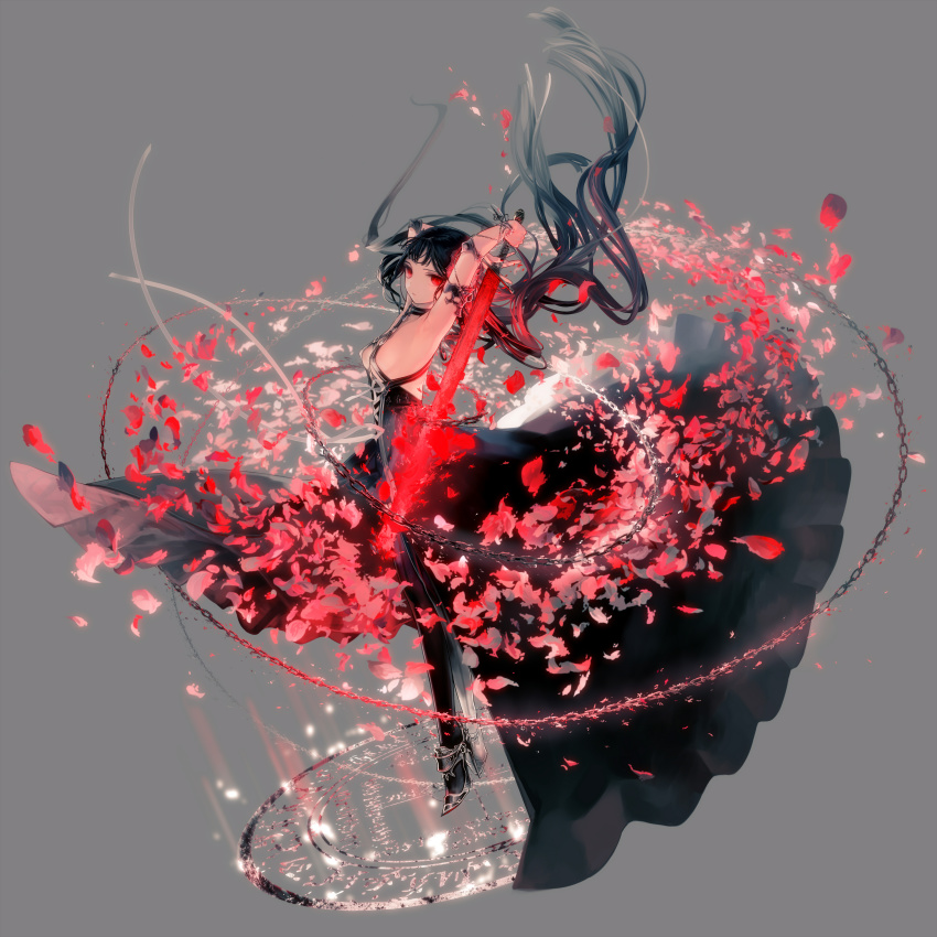 1girl, absurdres, ankle_boots, armlet, armor, armpits, arms_up, backless_dress, backless_outfit, black_boots, black_dress, black_hair, black_pantyhose, blue_hair, boots, breasts, chain, closed_mouth, cross-laced_clothes, dress, elbow_pads, elizabeth_le_fanyu, expressionless, female_focus, floating_hair, from_side, full_body, glowing, glowing_sword, glowing_weapon, gradient_hair, grey_background, high_heel_boots, high_heels, highres, holding, holding_sword, holding_weapon, isekai_goumonhime, jewelry, long_hair, looking_at_viewer, looking_to_the_side, magic_circle, multicolored_hair, original, pantyhose, petals, red_eyes, rose_petals, sideboob, simple_background, solo, standing, sword, twintails, ukai_saki, very_long_hair, weapon, wind