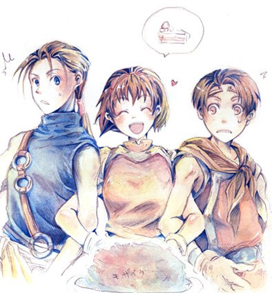 1girl, 2boys, gensou_suikoden, gensou_suikoden_ii, hat, jowy_atreides, jowy_atreides-blight, kunami