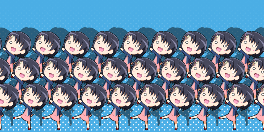 1girl, blush, brown_hair, chibi, clone, female_focus, higashi_(3453661), idolmaster, idolmaster_cinderella_girls, marching, o_o, open_mouth, parody, sasaki_chie, short_hair, solo, someone_else, working!!