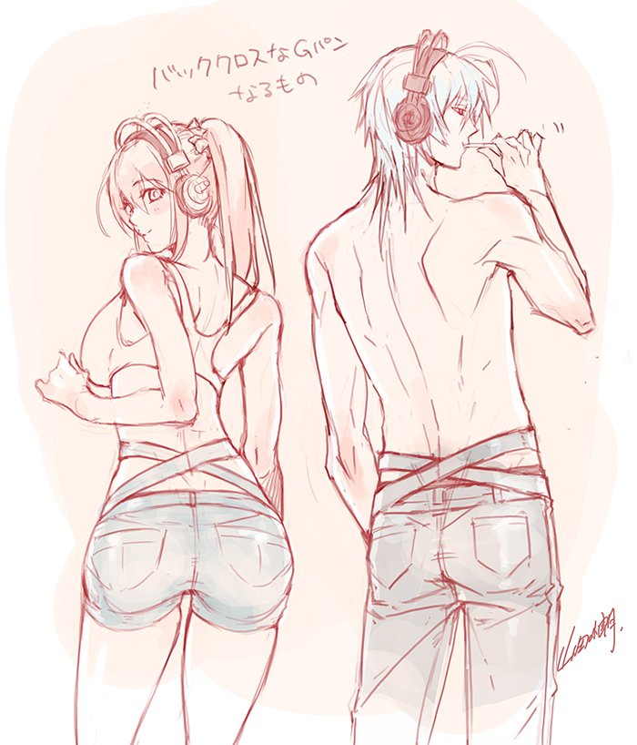 1boy, 1girl, alternate_hairstyle, ass, back, breasts, brother_and_sister, brushing_teeth, cleavage, company_connection, denim, denim_shorts, headphones, jeans, large_breasts, long_hair, looking_at_viewer, naitou-kun, nitro+_chiral, nitroplus, pale_color, pants, partially_colored, pink_eyes, pink_hair, ponytail, red_eyes, shorts, siblings, silver_hair, smile, super_sonico, toothbrush, yamada_uiro