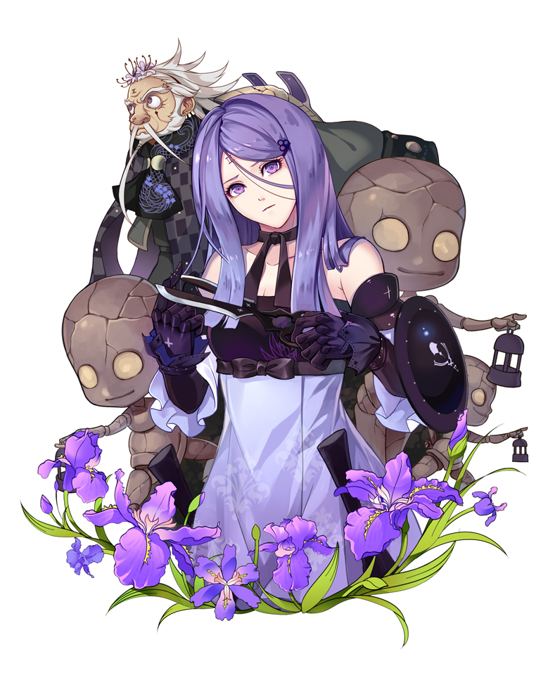 1boy, 1girl, armisael_(drag-on_dragoon), bare_shoulders, beard, black_gloves, breasts, cleavage, collarbone, cowboy_shot, creature, cutting_hair, drag-on_dragoon, drag-on_dragoon_3, dress, earrings, elbow_gloves, empty_eyes, eyebrows, facial_hair, facial_mark, flower, forehead_mark, gloves, hair_between_eyes, hair_flower, hair_ornament, hairclip, halterneck, head_tilt, holding, jewelry, kllsiren, long_hair, looking_at_viewer, mustache, octa_(drag-on_dragoon), old, old_man, outstretched_arm, pointing, purple_flower, purple_hair, roman_numeral, scissors, shield, simple_background, three_(drag-on_dragoon), white_background, white_hair