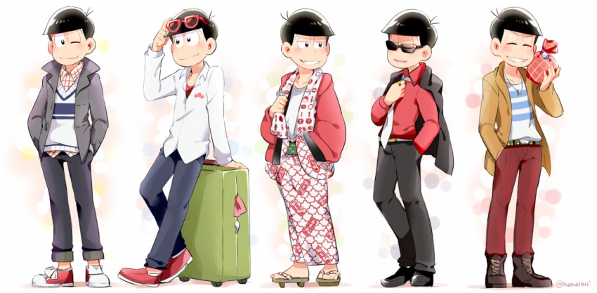 10s, 1boy, ;), alternate_costume, black_hair, boots, briefcase, eyewear_on_head