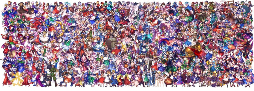 6+boys, 6+girls, :d, :p, ;), ;d, ^_^, absolutely_everyone, absurdly_detailed_composition, absurdres, afro, ahoge, aki_minoriko, aki_shizuha, alice_margatroid, amakasu_barley_tenji, american_flag_dress, american_flag_legwear, anchor, angel_wings, animal_ears, animal_hat, anniversary, antennae, antlers, apron, arie_rumi, arm_cannon, armpits, arms_at_sides, arms_up, arrow_(projectile), asakura_rikako, asama_isami, ascot, asymmetrical_wings, ball, bare_arms, bare_legs, bare_shoulders, barefoot, bat_wings, beerko, belt, beret, black_bow, black_bowtie, black_dress, black_hair, black_jacket, black_ribbon, black_skirt, black_socks, black_vest, blonde_hair, blouse, blue_dress, blue_footwear, blue_hair, book, boots, bow, bow_(weapon), bowl, bowtie, braid, breasts, brooch, broom, brown_footwear, brown_hair, brown_shorts, brown_skirt, bubble_skirt, building, calligraphy_brush, cape, capelet, card, carrot_necklace, carrying, casual_one-piece_swimsuit, cat_ears, cat_girl, cat_tail, character_request, checkered_clothes, checkered_skirt, chen, china_dress, chinese_clothes, cirno, clenched_hand, closed_eyes, closed_mouth, clownpiece, coat, collarbone, collared_shirt, covering_own_mouth, crossed_arms, crystal, cuffs, cup, curiosities_of_lotus_asia, dagger, daiyousei, dark_skin, demon_wings, detached_sleeves, doll, doremy_sweet, double_dealing_character, double_spoiler, dowsing_rod, dragon, dress, dress_shirt, drum, earth_(ornament), elbow_gloves, elis_(touhou), ellen_(touhou), elly_(touhou), embodiment_of_scarlet_devil, erich_(seihou), everyone, evil_eye_sigma, extra_eyes, eyeball, eyepatch, facial_hair, fairy, fairy_wings, fedora, fighting_stance, fins, fire, flandre_scarlet, flat_cap, flipped_hair, floating, floating_hair, floating_object, floppy_ears, floral_print, flower, flying, folded_fan, folding_fan, food, forbidden_scrollery, formal_clothes, fox_ears, fox_tail, frilled_bow, frilled_hat, frills, front_braid, fujiwara_no_mokou, full_body, futatsuiwa_mamizou, gap_(touhou), gates_(seihou), gem, gengetsu_(touhou), ghost, ghost_tail, glasses, gloves, glowing, glowing_eyes, gohei, gradient_hair, green_dress, green_eyes, green_gem, green_hair, green_hat, green_vest, grimoire, grimoire_of_alice, grin, hair_bobbles, hair_bow, hair_flower, hair_ornament, hair_ribbon, hair_tubes, hairband, hakama, hakama_skirt, hakkaisan_tatsumi, hakurei_reimu, hammer, hand_fan, hands_in_opposite_sleeves, hands_in_pockets, hasshaku-sama, hat, hata_no_kokoro, head_tilt, head_wings, heart, heart_of_string, hecatia_lapislazuli, hidden_eyes, hieda_no_akyuu, highly_responsive_to_prayers, highres, hijiri_byakuren, himekaidou_hatate, hinanawi_tenshi, hisou_tensoku, hitodama, holding, holding_book, holding_broom, holding_card, holding_cup, holding_sword, holding_umbrella, holding_weapon, hong_meiling, hopeless_masquerade, horikawa_raiko, horns, hoshiguma_yuugi, houjuu_nue, houraisan_kaguya, house, ibaraki_kasen, ibuki_suika, ice, ice_wings, imaizumi_kagerou, immaterial_and_missing_power, imperishable_night, impossible_spell_card, inaba_tewi, innertube, instrument, inubashiri_momiji, ivy, izayoi_sakuya, jacket, japanese_clothes, japanese_urban_legends, jester_cap, jewelry, junko_(touhou), kaenbyou_rin, kagiyama_hina, kaku_seiga, kamishirasawa_keine, kana_anaberal, karakasa_obake, kasodani_kyouko, katana, kawashiro_nitori, kazami_yuuka, kerchief, keyboard_(instrument), kijin_seija, kikuri_(touhou), kimono, kirisame_marisa, kishin_sagume, kisume, kitashirakawa_chiyuri, kitsune, knee_boots, kneehighs, kneeling, knife, koakuma, kochiya_sanae, komeiji_koishi, komeiji_satori, konngara_(touhou), konpaku_youmu, konpaku_youmu_(ghost), kotohime_(touhou), kumoi_ichirin, kurodani_yamame, kurumi_(touhou), lab_coat, lance, large_breasts, leg_up, legacy_of_lunatic_kingdom, letty_whiterock, lily_white, long_hair, long_image, long_skirt, long_sleeves, looking_at_viewer, looking_back, lotus_land_story, louise_(touhou), low-tied_long_hair, low_ponytail, luna_child, lunasa_prismriver, lyrica_prismriver, mai_(seihou), mai_(touhou), maid, maid_apron, maid_headdress, mallet, maribel_hearn, marie_(seihou), mary_janes, mask, mask_on_head, medicine_melancholy, mei_(seihou), meira_(touhou), merlin_prismriver, mermaid, miko, milia_(seihou), military, military_uniform, military_vehicle, mima_(touhou), mimi-chan, mini-hakkero, mini_person, minigirl, miyako_yoshika, mizuhashi_parsee, mob_cap, mononobe_no_futo, monster, monster_girl, moon_(ornament), morgan_(seihou), morichika_rinnosuke, moriya_suwako, motoori_kosuzu, motor_vehicle, mountain_of_faith, mouth_hold, mouth_mask, mugetsu_(touhou), multi_(to_heart), multicolored_dress, multicolored_hair, multicolored_skirt, multiple_boys, multiple_girls, multiple_persona, multiple_tails, murasa_minamitsu, muse_(seihou), music, mustache, mystia_lorelei, mystic_square, nagae_iku, namazu_(touhou), nazrin, neck_ruff, neckerchief, necklace, necktie, nekomata, missing_legwear, nontraditional_miko, nurse_cap, office_lady, ofuda, okazaki_yumemi, okiku_(banchou_sarayashiki), okobo, old, old_man, one-eyed, one-piece_swimsuit, one_eye_closed, oni, onozuka_komachi, oonusa, open_book, open_mouth, orange_(touhou), orange_skirt, orb, original, outstretched_arms, oversized_object, own_hands_together, paintbrush, pants, pantyhose, parasol, patchouli_knowledge, pencil_skirt, pendant, perfect_cherry_blossom, phantasmagoria_of_dim.dream, phantasmagoria_of_flower_view, pink_bow, pink_bowtie, pink_dress, pink_flower, pink_hair, pink_one-piece_swimsuit, plaid_clothes, plaid_vest, plant, platform_sandals, playing_instrument, pleated_skirt, pocket, polearm, polka_dot, polka_dot_swimsuit, pom_pom_(clothes), ponytail, profile, puffy_long_sleeves, puffy_short_sleeves, puffy_sleeves, purple_dress, purple_hair, purple_hat, purple_skirt, rabbit_ears, rainbow, red-framed_eyewear, red_bow, red_bowtie, red_dress, red_eyes, red_footwear, red_gem, red_hair, red_hat, red_necktie, red_pants, red_ribbon, red_skirt, reisen, reisen_udongein_inaba, reiuji_utsuho, remilia_scarlet, ribbon, ribbon-trimmed_sleeves, ribbon_trim, rika_(touhou), ringo_(touhou), road_sign, robe, rocket, rumia, running, ruukoto, saigyouji_yuyuko, sailor_collar, salute, sandals, sara_(touhou), sariel_(touhou), sash, scales, scarlet_weather_rhapsody, school_uniform, scroll, scythe, seihou, seiran_(touhou), sekibanki, semi-rimless_eyewear, serafuku, shackles, shade, shaded_face, shameimaru_aya, shanghai_doll, sheath, sheathed, shiki_eiki, shingyoku_(male)_(touhou), shingyoku_(orb)_(touhou), shingyoku_(touhou), shinki_(touhou), shirt, shoes, shoot_the_bullet, short_hair, short_ponytail, short_sleeves, shorts, side_ponytail, sidelocks, sign, silver_hair, single_braid, single_horn, sitting, skirt, sleeveless, sleeveless_dress, sleeves_past_wrists, sleeves_pushed_up, smile, smirk, socks, soga_no_tojiko, spiked_hair, spread_fingers, spread_legs, standing, star_(symbol), star_print, star_sapphire, stick, story_of_eastern_wonderland, string, striped_clothes, striped_dress, stuffed_animal, stuffed_rabbit, stuffed_toy, subterranean_animism, suit, sukuna_shinmyoumaru, sun_hat, sunny_milk, suspenders, swim_ring, swimsuit, sword, sword_of_hisou, tabard, tabi, tail, tank, tassel, tatara_kogasa, tate_eboshi, teeth, ten_desires, text_focus, thighhighs, third_eye, tokiko_(touhou), tokin_hat, tongue, tongue_out, toramaru_shou, torch, touhou, touhou_(pc-98), touhou_bougetsushou, touhou_hisoutensoku, touhou_sangetsusei, toyosatomimi_no_miko, traditional_bowtie, transparent, tray, triangular_headpiece, trident, trumpet, tsukumo_benben, tsukumo_yatsuhashi, turret, twin_braids, twintails, two_side_up, two_tails, u_u_zan, umbrella, undefined_fantastic_object, under-rim_eyewear, unsheathed, unsheathing, unzan, urban_legend_in_limbo, usami_renko, usami_sumireko, uwabami_breakers, v_arms, vampire, vegetable, vehicle, vertical-striped_clothes, vertical-striped_dress, very_dark_skin, very_long_hair, vest, vines, violin, vivit, vivit_(erich's_daughter), waist_apron, wakasagihime, walking, watatsuki_no_toyohime, watatsuki_no_yorihime, weapon, white_background, white_bow, white_bowtie, white_dress, white_gloves, white_hat, white_headwear, white_legwear, white_necktie, white_shirt, white_shorts, white_vest, white_wings, wide_image, wide_sleeves, wild_and_horned_hermit, wings, winter_clothes, winter_coat, witch_hat, wolf_ears, wolf_tail, wriggle_nightbug, wrist_cuffs, yagokoro_eirin, yakumo_ran, yakumo_yukari, yasaka_kanako, yellow_bow, yellow_bowtie, yousei_daisensou, yuki_(touhou), yumeko_(touhou), yuugenmagan