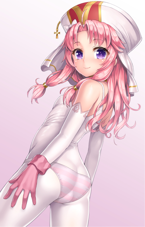1girl, ass, back, bare_shoulders, bodysuit, breasts, cowboy_shot, detached_sleeves, female_focus, gloves, hat, iris_(sennen_sensou_aigis), lambda_(kusowarota), long_hair, long_sleeves, looking_at_viewer, panties, pink_gloves, pink_hair, purple_eyes, see-through_clothes, sennen_sensou_aigis, small_breasts, smile, solo, striped_clothes, striped_panties, underwear