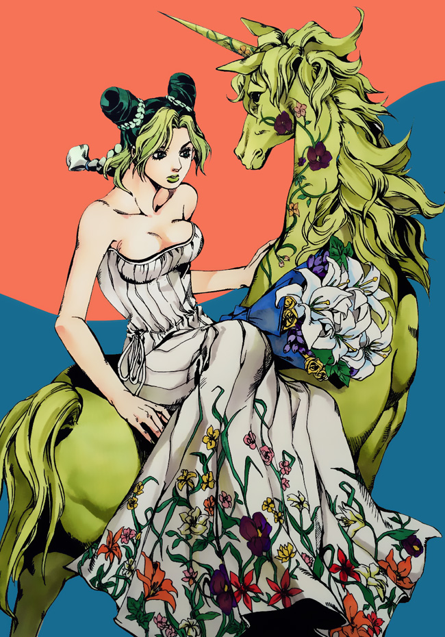 1girl, alternate_costume, araki_hirohiko_(style), bare_shoulders, bouquet, braid, breasts, cleavage