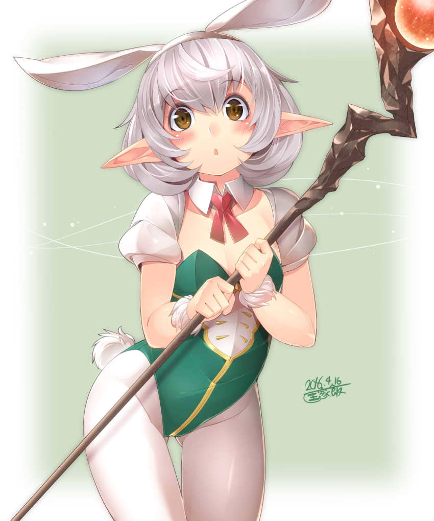 10s, 1girl, 2016, :o, animal_ears, blush, brown_eyes, dated, fake_animal_ears, female_focus, granblue_fantasy, highres, kokka_han, looking_at_viewer, minigob, pantyhose, playboy_bunny, pointy_ears, rabbit_ears, short_hair, solo, staff, white_hair, white_pantyhose