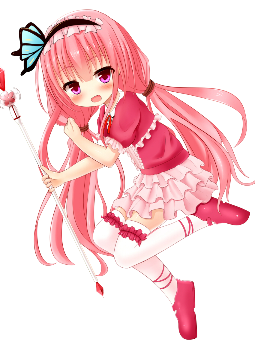 blush, flower_knight_girl, full_body, hanamomo_(flower_knight_girl), headband, highres, long_hair, looking_at_viewer