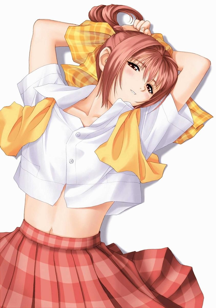 blush, brown_eyes, highres, lying, midriff, partner_~sekai_de_ichiban_taisetsu_na_hito~, pink_eyes, pink_hair