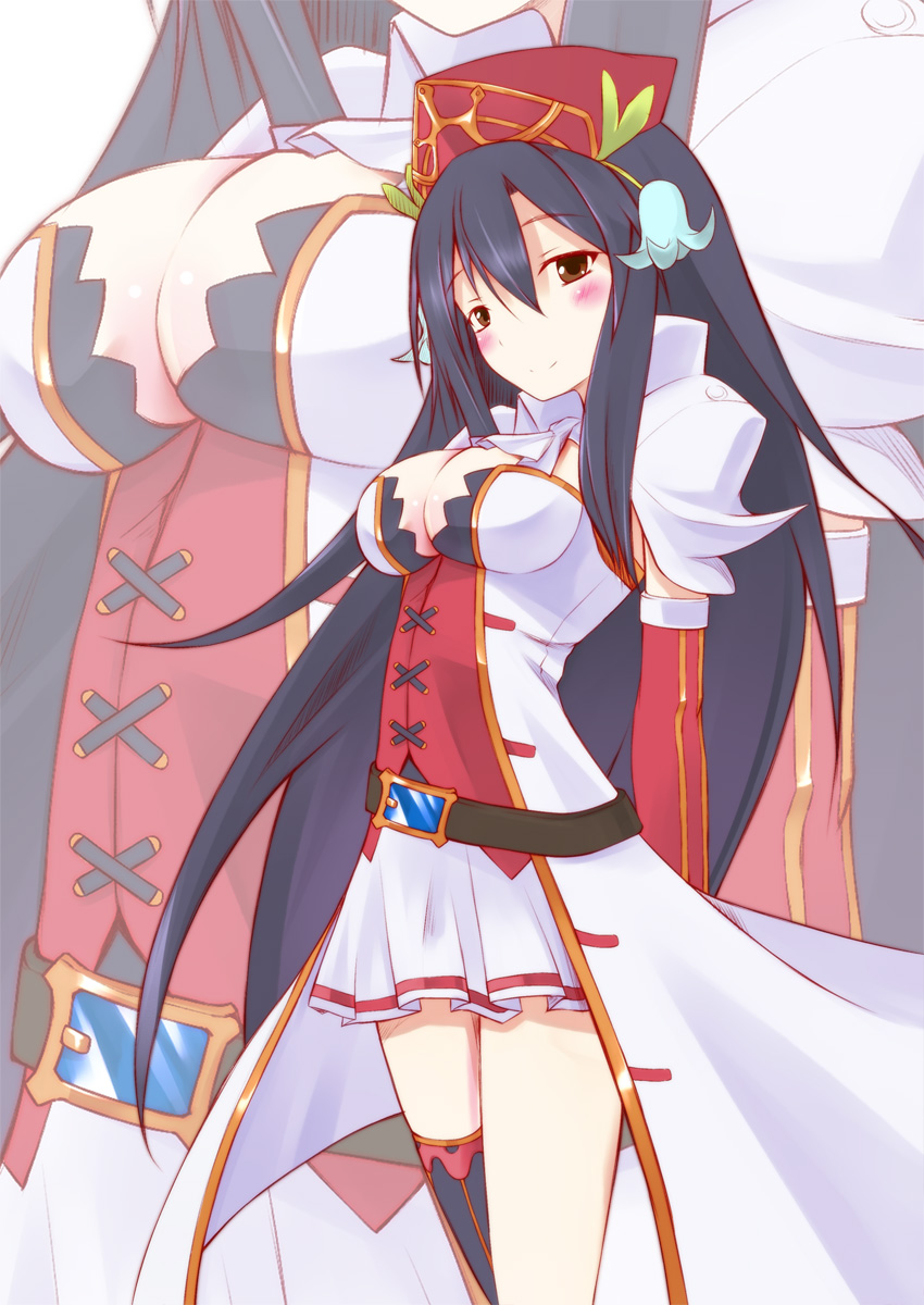 1girl, bad_id, bad_pixiv_id, belt, black_hair, blush, breasts, brown_eyes