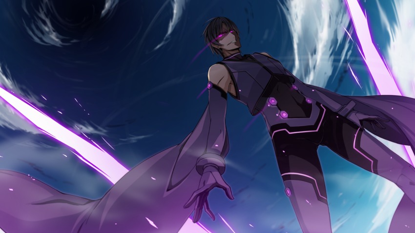 10s, 1boy, akinashi_yuu, ao_no_kanata_no_four_rhythm, black_hair, detached_sleeves, game_cg, gloves, male_focus, outdoors, purple_eyes, purple_gloves, shindou_kazunari, short_hair, sky, solo, suzumori