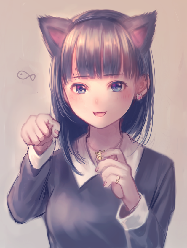 1girl, :d, animal_ears, beige_background, bell, black_hair, blue_eyes, blunt_bangs