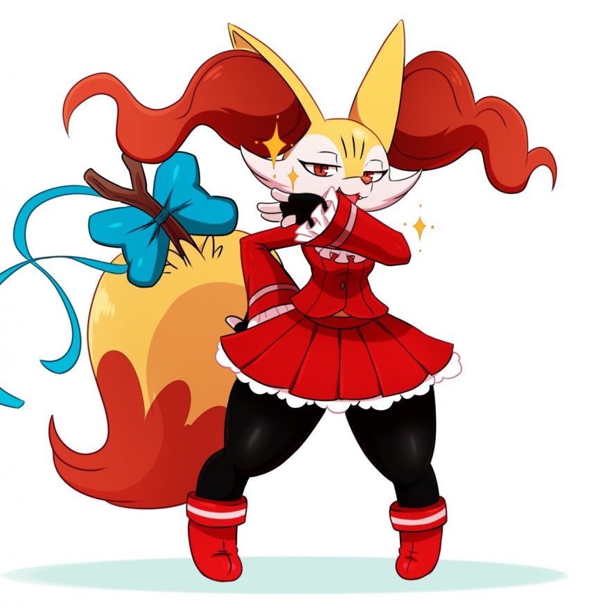 1girl, 2016, animal_ear_fluff, animal_ears, animal_nose, bow, braixen, cosplay, eric_lowery, fang, female_focus, fingerless_gloves, fox, fox_ears, fox_girl, fox_tail, furry, furry_female, gen_6_pokemon, gloves, half-closed_eyes, highres, kanzuki_karin, kanzuki_karin_(cosplay), laughing, looking_at_viewer, multicolored_fur, nintendo, ojou-sama_pose, open_mouth, pokemon, pokemon_(anime), pokemon_(creature), pokemon_x_and_y, pokemon_the_series:_xy, red_eyes, red_fur, red_nose, simple_background, skirt, snout, solo, solo_focus, sparkle, standing, stick, street_fighter, street_fighter_v, tail, thick_thighs, thighs, white_background, white_fur, wide_hips, yellow_fur
