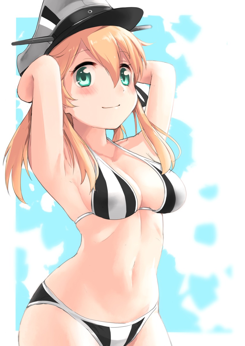 10s, 1girl, arms_up, bikini, blonde_hair, female_focus, green_eyes, haru_(renol)