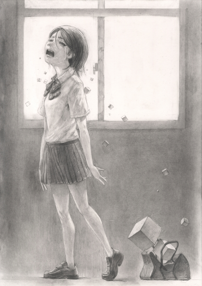 1girl, backlighting, bag, bow, bowtie, closed_eyes, crying, cube