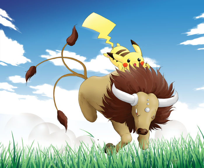 cloud, gen_1_pokemon, grass, nintendo, no_humans, pikachu, pokemon, pokemon_(creature)