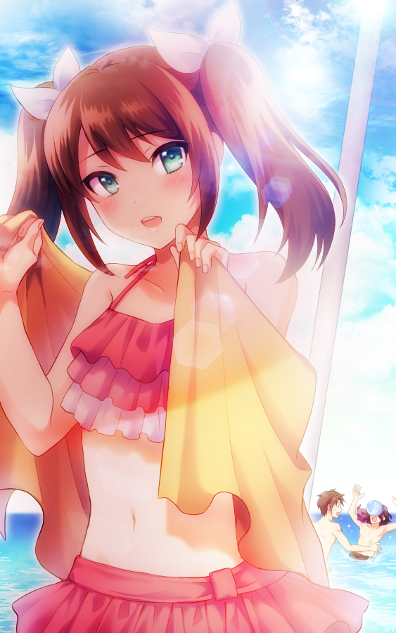 10s, 3boys, asselin_bb_ii, beach, beach_towel, bikini, bikini_skirt, blue_eyes, brown_hair, cloud, cloudy_sky, day, frilled_bikini, frilled_swimsuit, frills, hair_ribbon, idolmaster, idolmaster_side-m, kashiwagi_tsubasa, lens_flare, male_focus, mizushima_saki, multiple_boys, navel, ocean, outdoors, ribbon, satan_(idolmaster), shiron_(shiro_n), sky, swimsuit, towel, trap, twintails