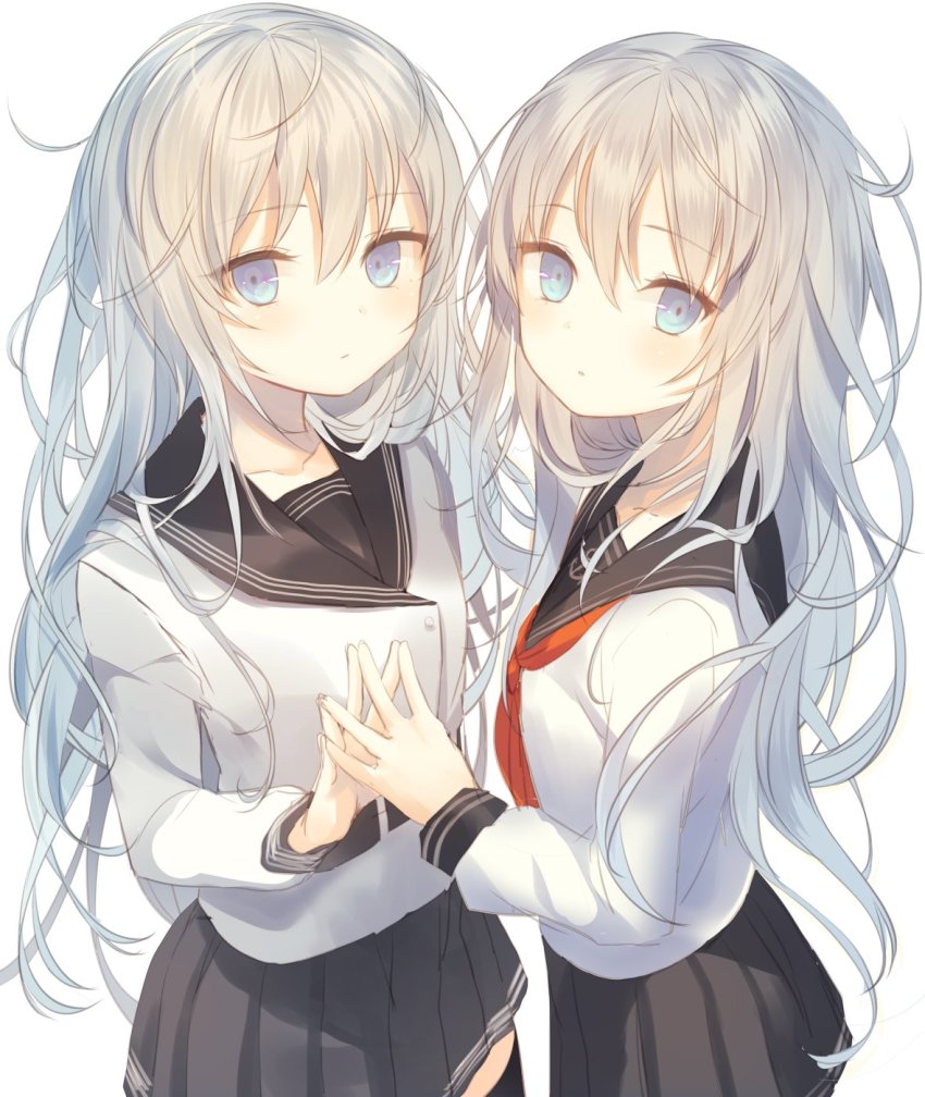 10s, 2girls, bad_id, bad_twitter_id, black_legwear, black_skirt, blue_eyes, blush