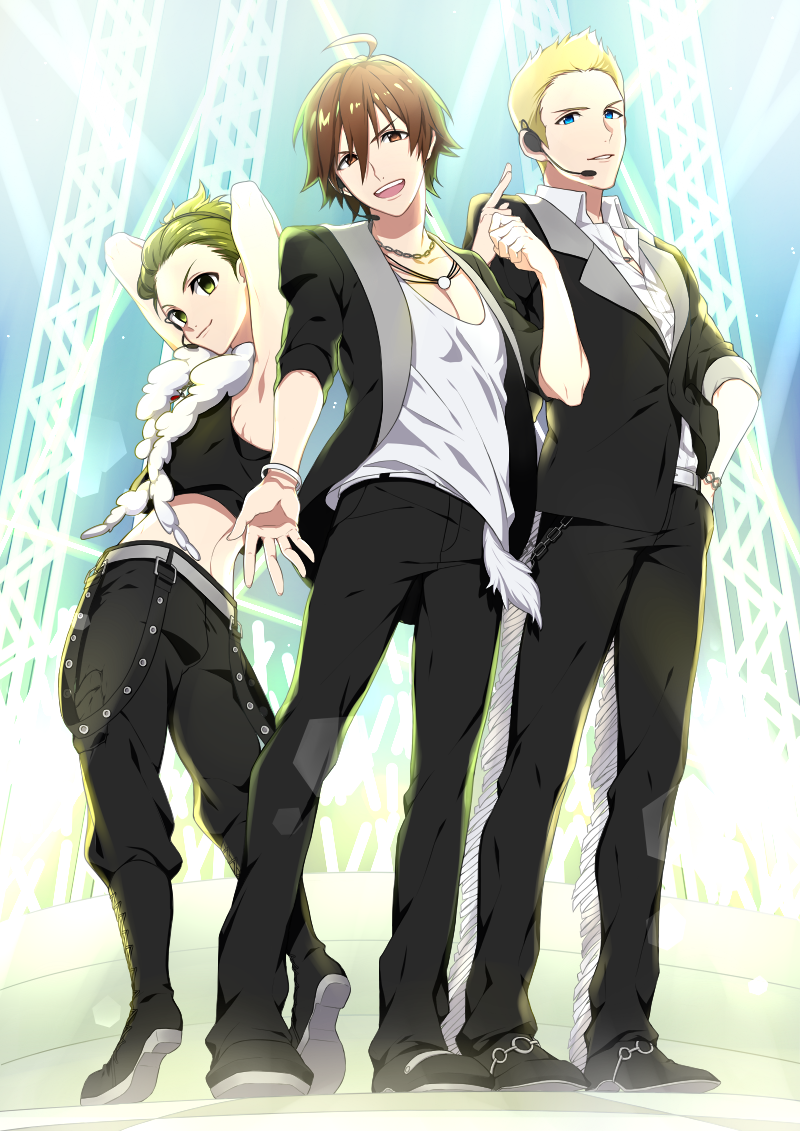 10s, 3boys, ahoge, amagase_touma, arms_behind_head, belt, black_footwear, black_pants