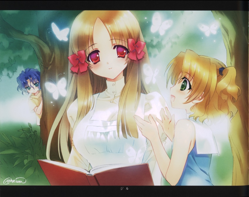 00s, 1boy, 2girls, absurdres, artbook, azuma_hatsumi, blonde_hair, book