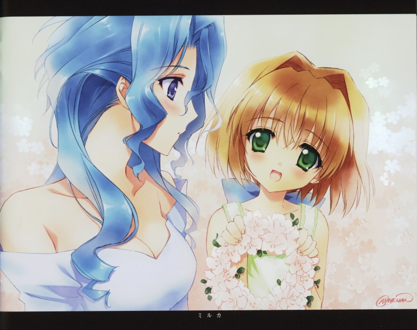 00s, 2girls, :d, absurdres, artist_name, bare_shoulders, blue_eyes, blue_hair