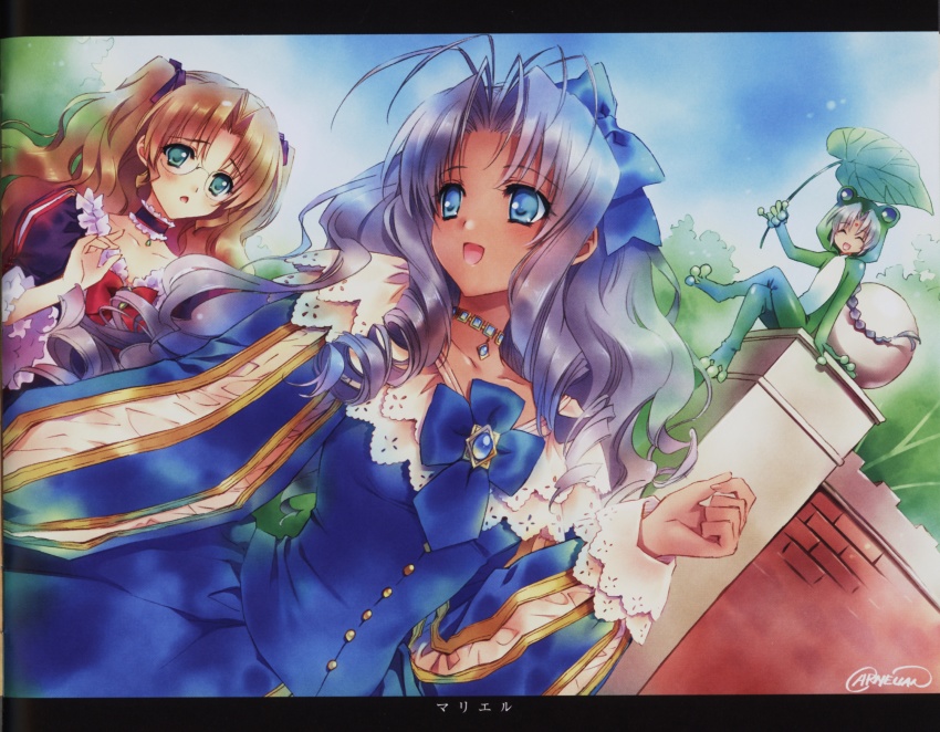 00s, 1boy, 2girls, :<, :d, absurdres, animal_costume, antenna_hair